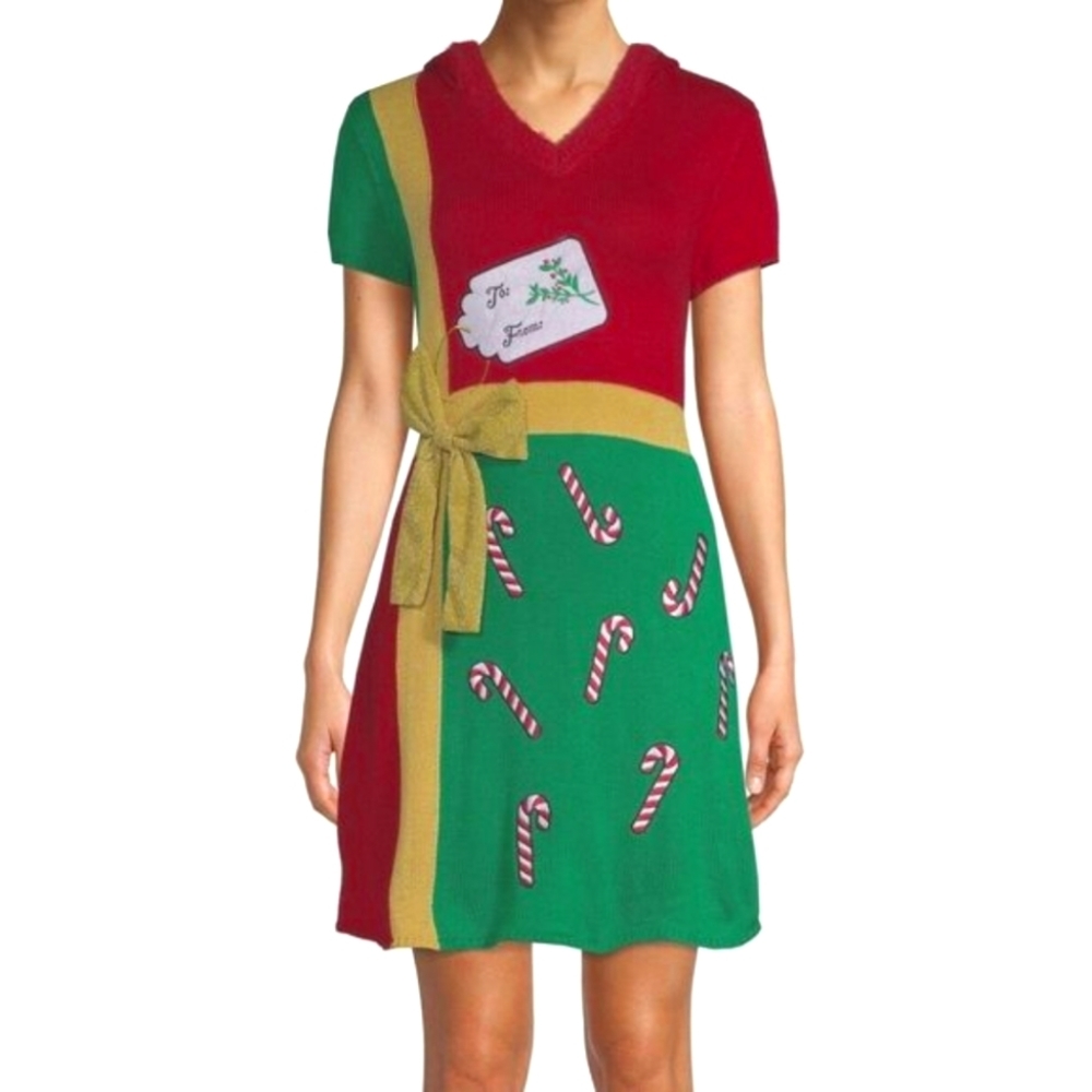 No Boundaries Ugly Christmas Sweater Dress Hooded Metallic Present Candy Cane